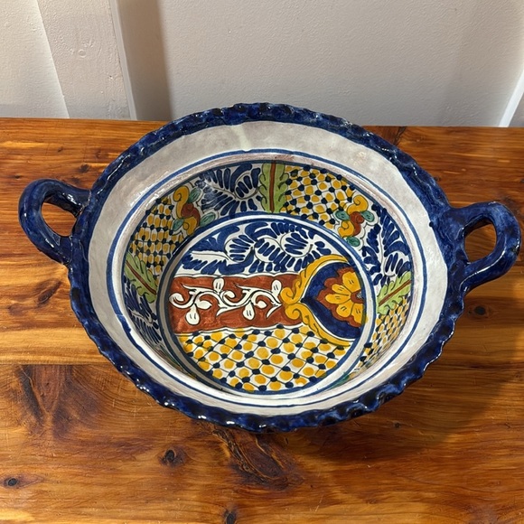 Talavera Mexican Folk Art Handpainted Bowls w/ Handles Set of 2 - Picture 2 of 10